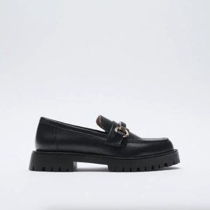 ZARA Lug Sole Loafers (Color: Black with Gold Detailing)